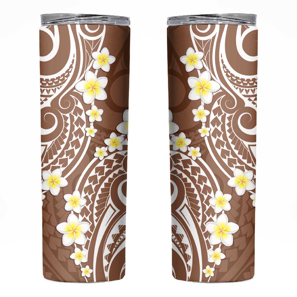 Plumeria With Brown Polynesian Tattoo Pattern Skinny Tumbler