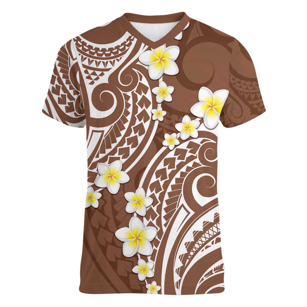 Plumeria With Brown Polynesian Tattoo Pattern Women V-Neck T-Shirt LT05 Female Brown - Polynesian Pride