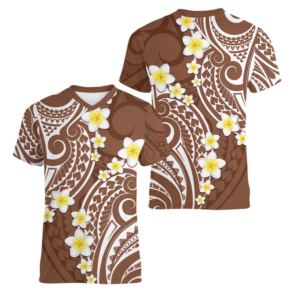 Plumeria With Brown Polynesian Tattoo Pattern Women V-Neck T-Shirt LT05 - Polynesian Pride