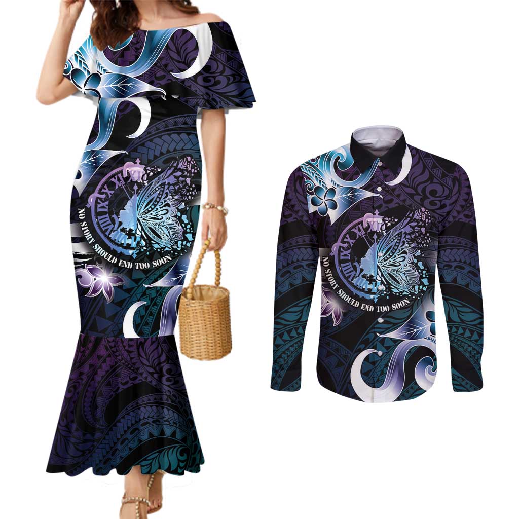 Personalised Polynesia Suicide Prevention Awareness Couples Matching Mermaid Dress and Long Sleeve Button Shirt No Story Should End Too Soon