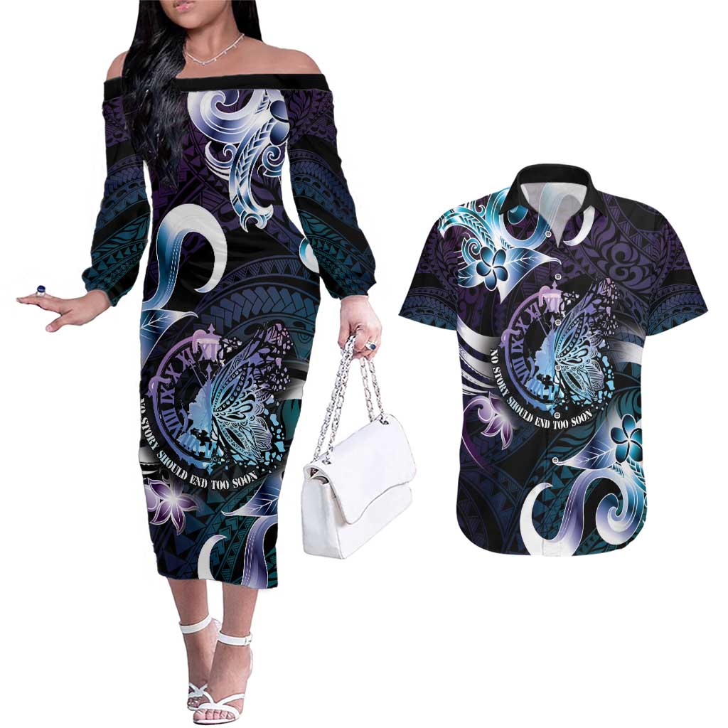 Personalised Polynesia Suicide Prevention Awareness Couples Matching Off The Shoulder Long Sleeve Dress and Hawaiian Shirt No Story Should End Too Soon