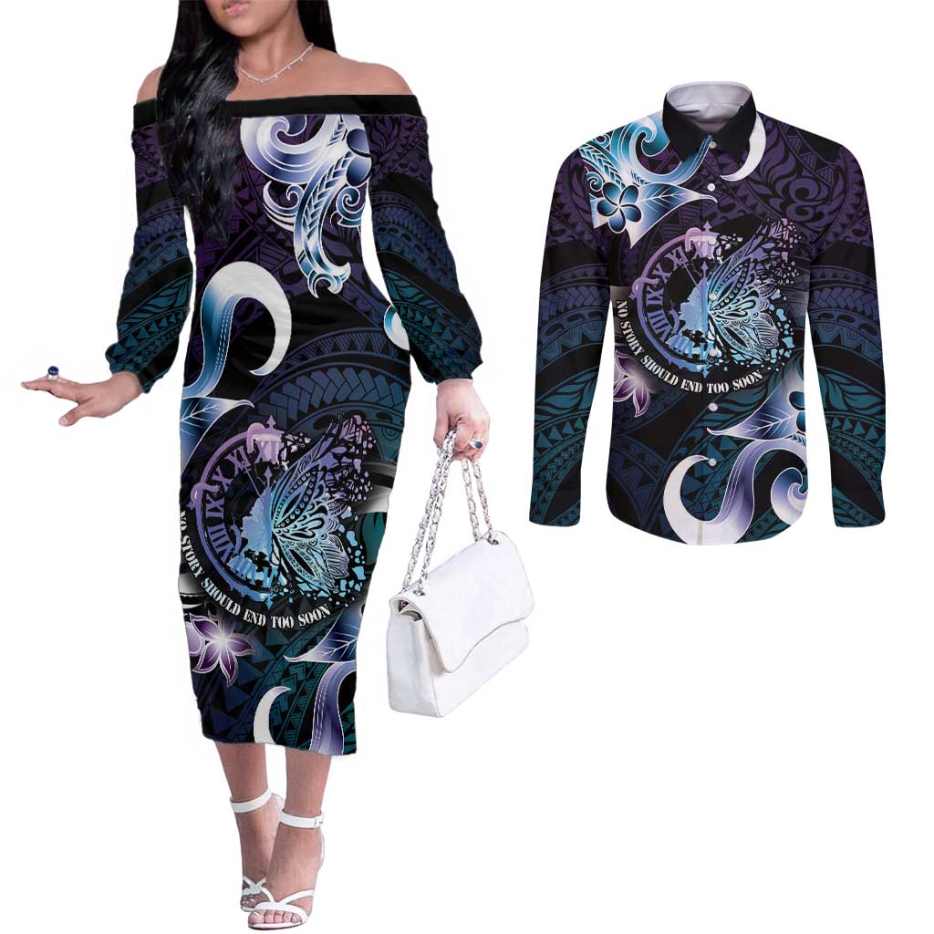 Personalised Polynesia Suicide Prevention Awareness Couples Matching Off The Shoulder Long Sleeve Dress and Long Sleeve Button Shirt No Story Should End Too Soon