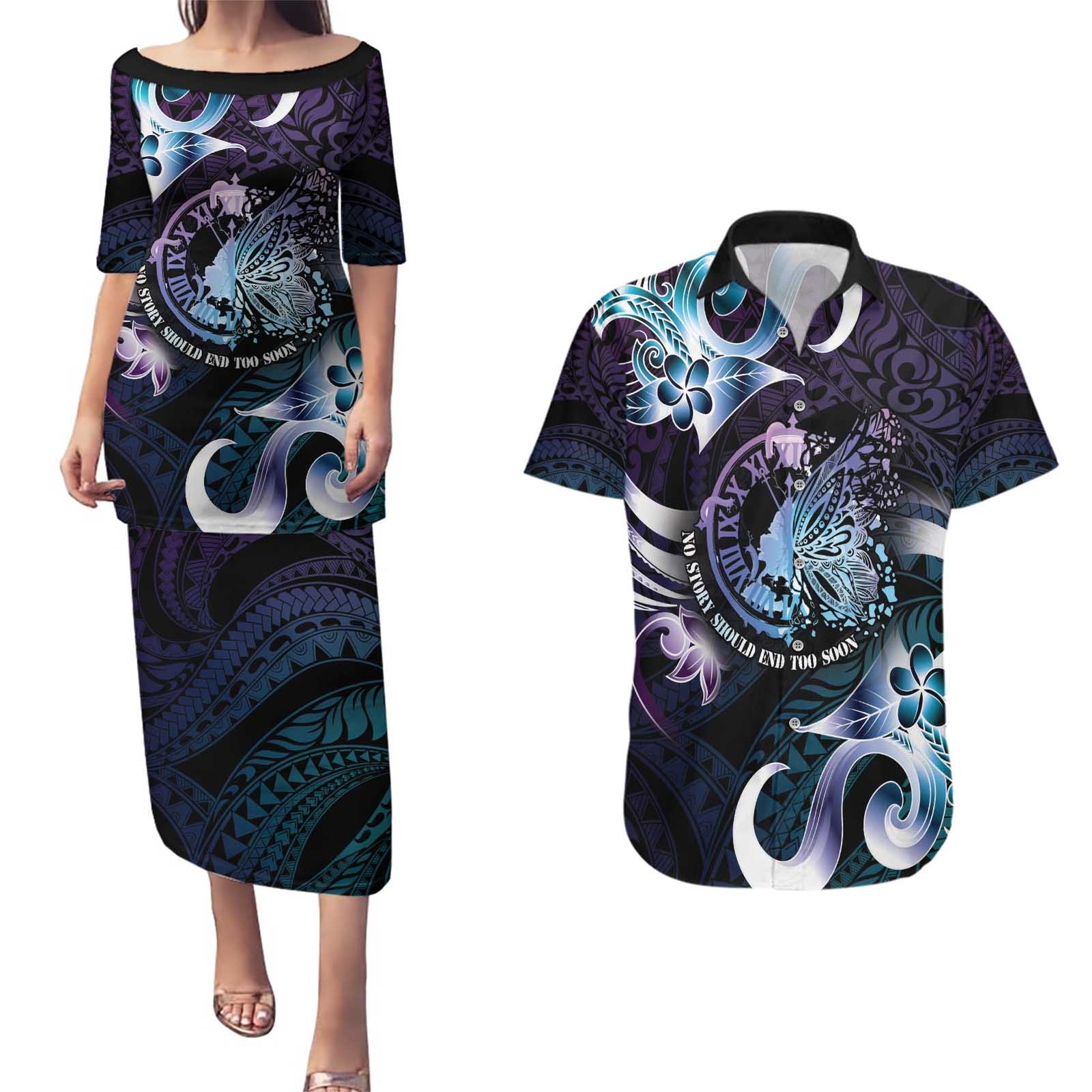 Personalised Polynesia Suicide Prevention Awareness Couples Matching Puletasi and Hawaiian Shirt No Story Should End Too Soon