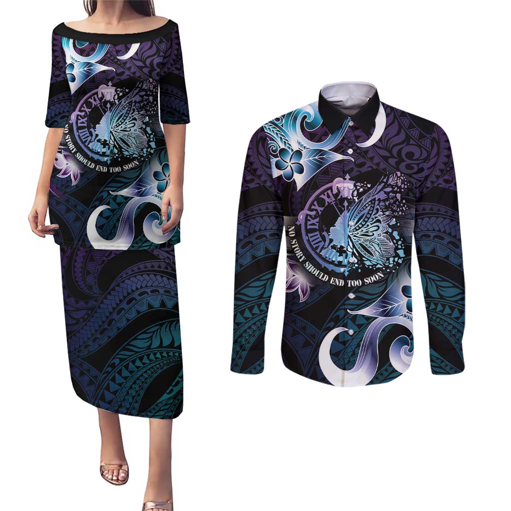 Personalised Polynesia Suicide Prevention Awareness Couples Matching Puletasi and Long Sleeve Button Shirt No Story Should End Too Soon