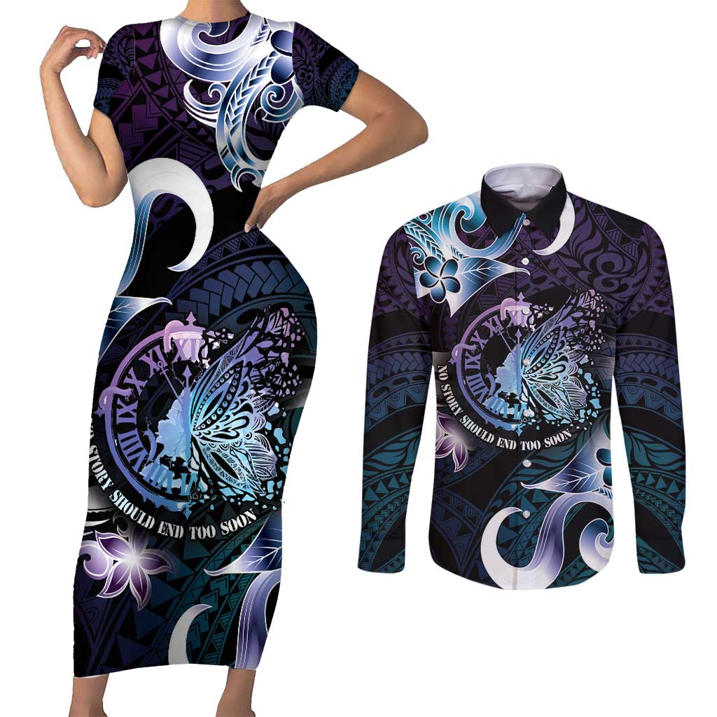 Personalised Polynesia Suicide Prevention Awareness Couples Matching Short Sleeve Bodycon Dress and Long Sleeve Button Shirt No Story Should End Too Soon