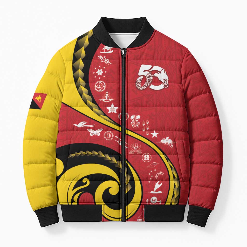 Papua New Guinea 50th Independence Anniversary Bomber Puffer Jacket Special Style Red Version - Polynesian Pride