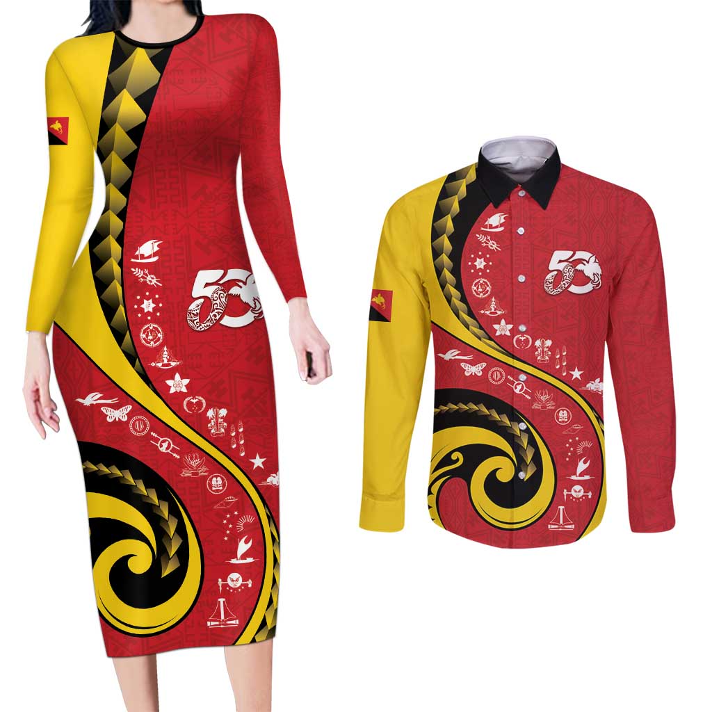 Papua New Guinea 50th Independence Anniversary Couples Matching Long Sleeve Bodycon Dress and Long Sleeve Button Shirt Special Style Red Version - Polynesian Pride