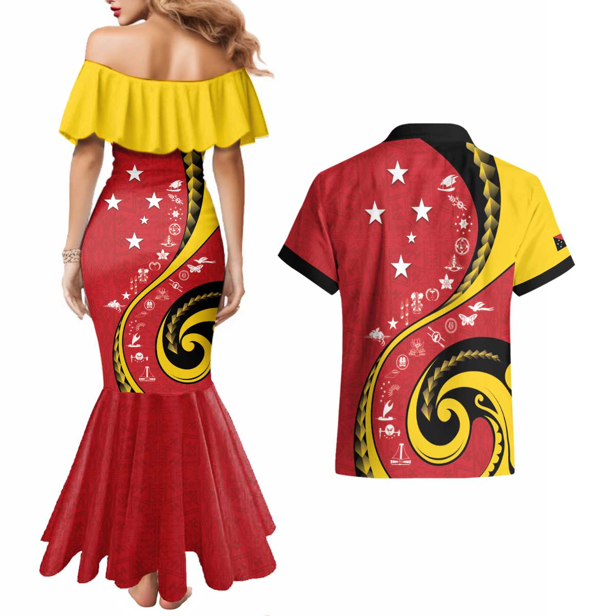 Papua New Guinea 50th Independence Anniversary Couples Matching Mermaid Dress and Hawaiian Shirt Special Style Red Version - Polynesian Pride