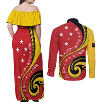 Papua New Guinea 50th Independence Anniversary Couples Matching Off Shoulder Maxi Dress and Long Sleeve Button Shirt Special Style Red Version LT05 - Polynesian Pride