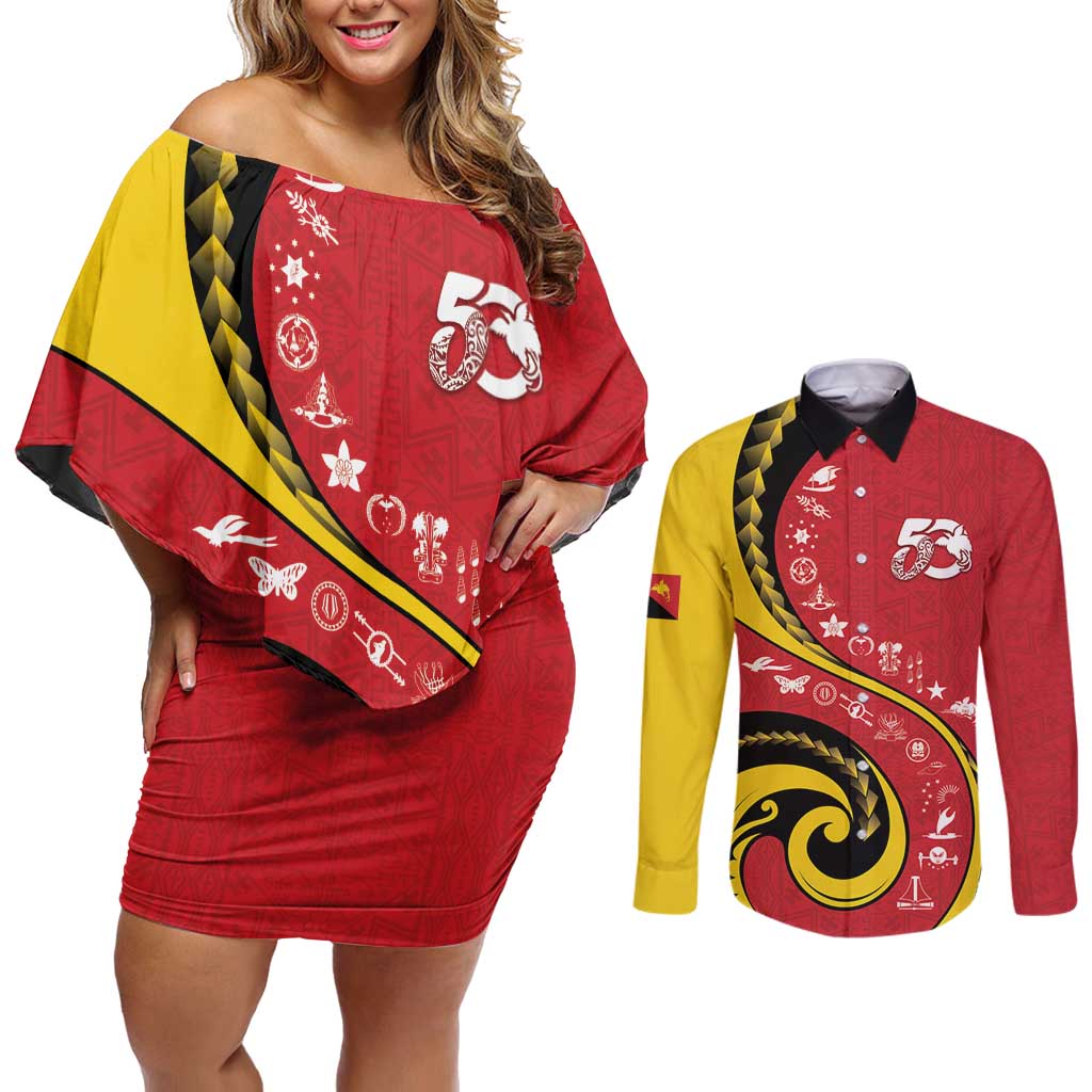 Papua New Guinea 50th Independence Anniversary Couples Matching Off Shoulder Short Dress and Long Sleeve Button Shirt Special Style Red Version LT05 Red - Polynesian Pride