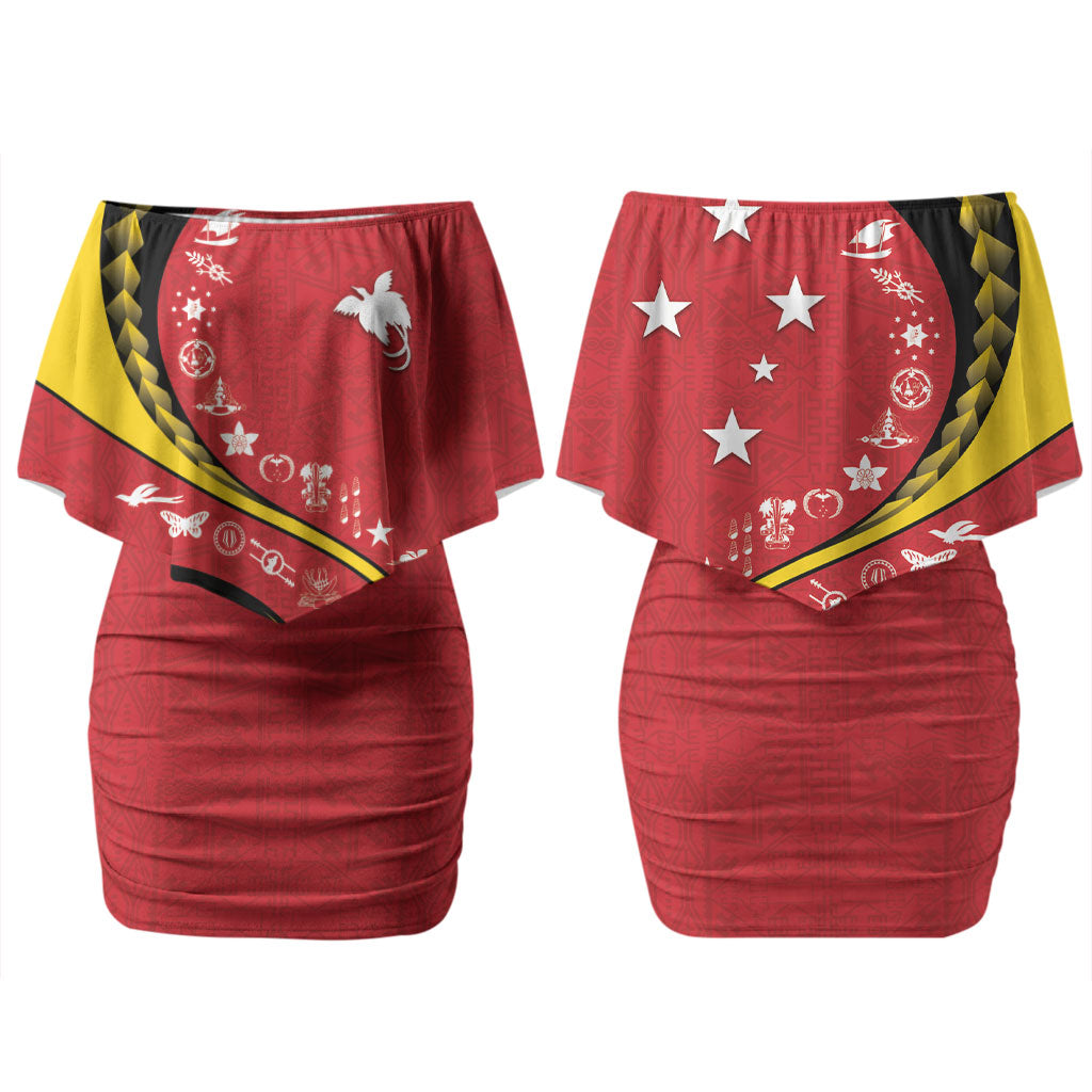 Papua New Guinea Independence Couples Matching Off Shoulder Short Dress and Long Sleeve Button Shirt Special Style Red Version LT05 - Polynesian Pride
