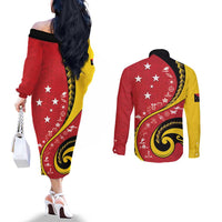 Papua New Guinea 50th Independence Anniversary Couples Matching Off The Shoulder Long Sleeve Dress and Long Sleeve Button Shirt Special Style Red Version LT05 - Polynesian Pride