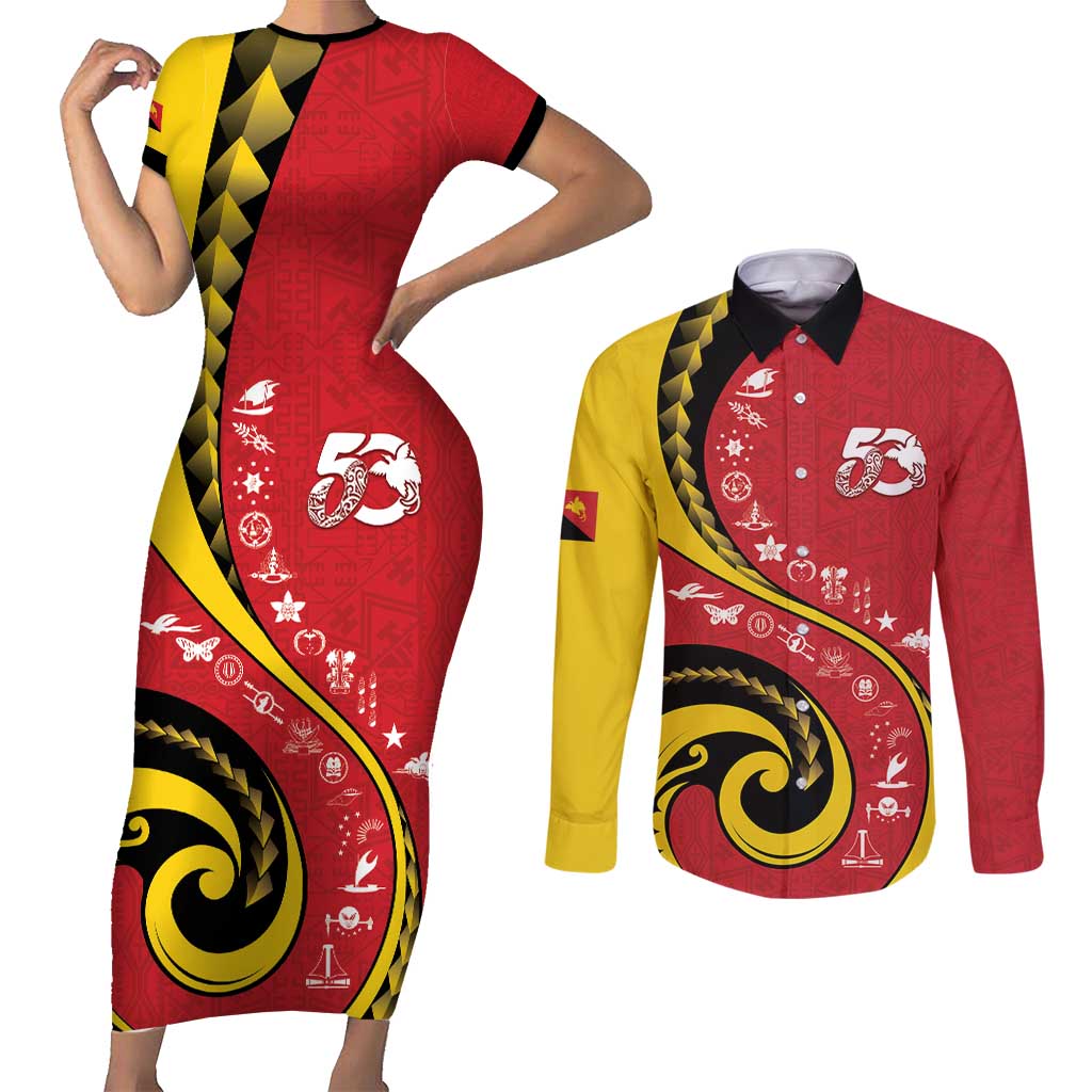 Papua New Guinea 50th Independence Anniversary Couples Matching Short Sleeve Bodycon Dress and Long Sleeve Button Shirt Special Style Red Version - Polynesian Pride