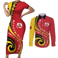 Papua New Guinea 50th Independence Anniversary Couples Matching Short Sleeve Bodycon Dress and Long Sleeve Button Shirt Special Style Red Version LT05 Red - Polynesian Pride