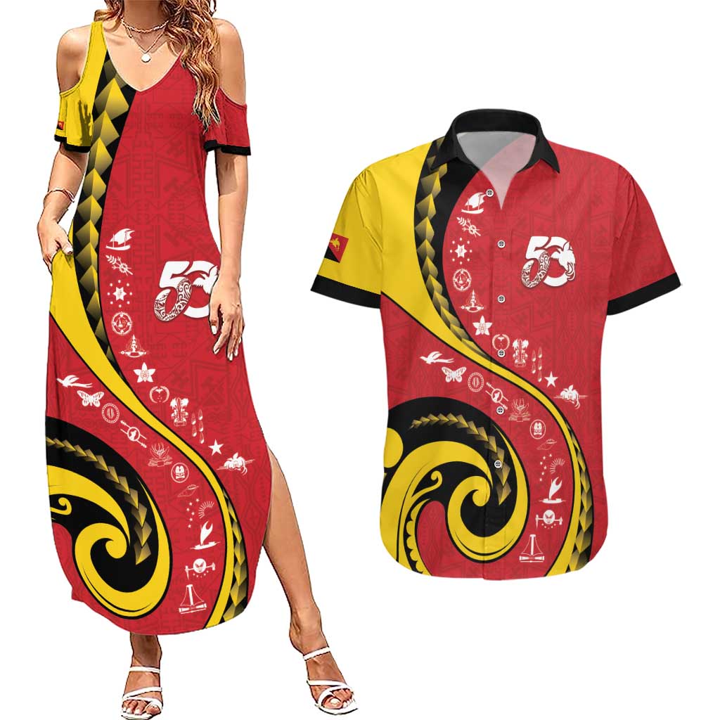 Papua New Guinea 50th Independence Anniversary Couples Matching Summer Maxi Dress and Hawaiian Shirt Special Style Red Version - Polynesian Pride