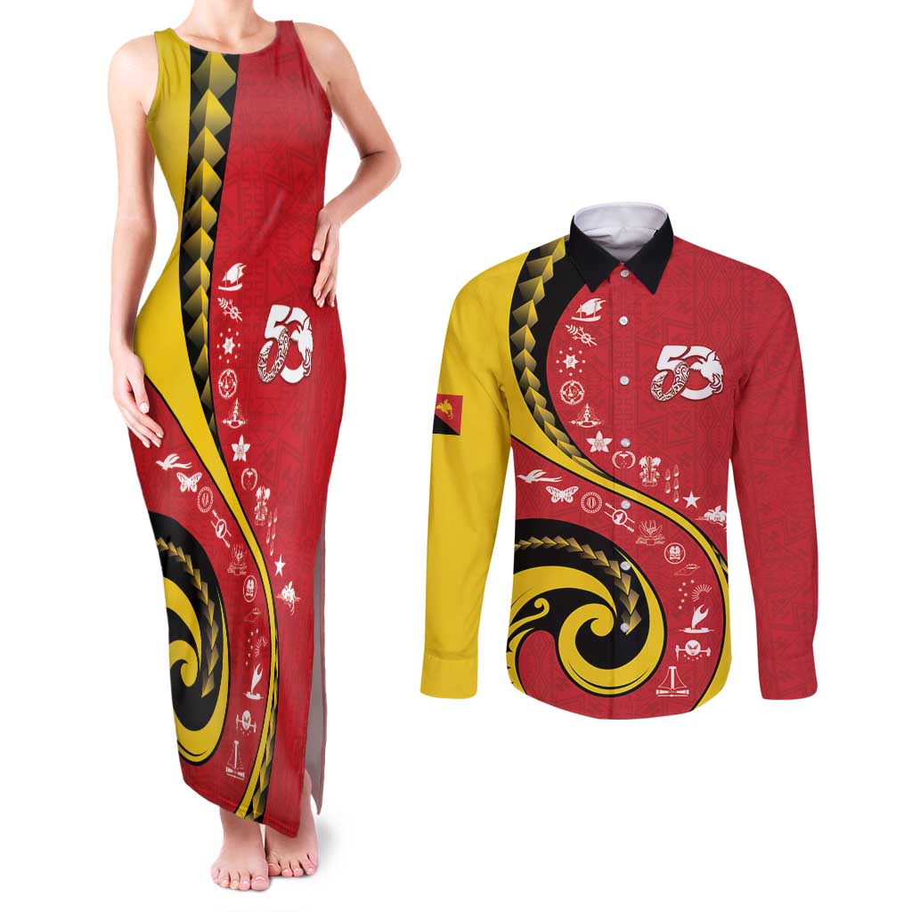 Papua New Guinea 50th Independence Anniversary Couples Matching Tank Maxi Dress and Long Sleeve Button Shirt Special Style Red Version LT05 Red - Polynesian Pride
