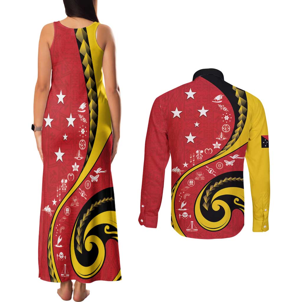 Papua New Guinea 50th Independence Anniversary Couples Matching Tank Maxi Dress and Long Sleeve Button Shirt Special Style Red Version LT05 - Polynesian Pride