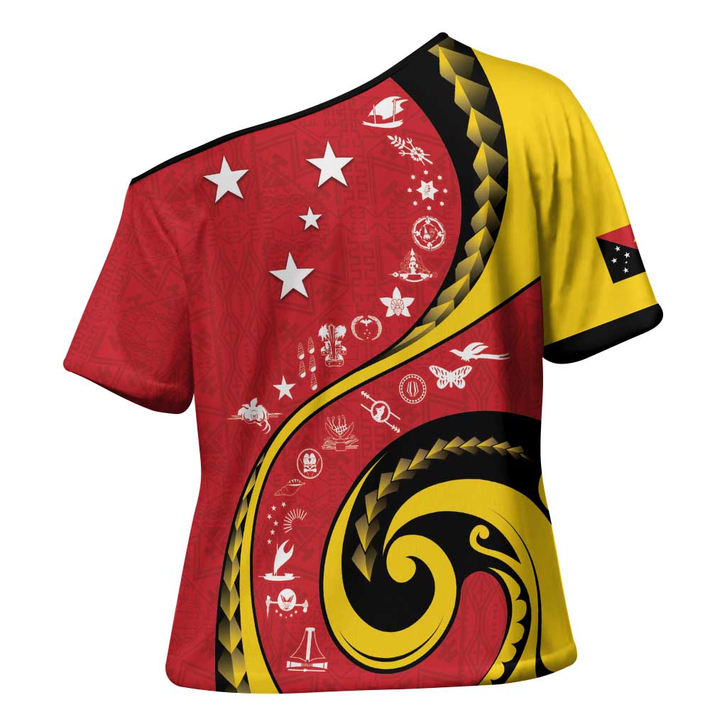 Papua New Guinea 50th Independence Anniversary Cross Shoulder Shirt Special Style Red Version - Polynesian Pride