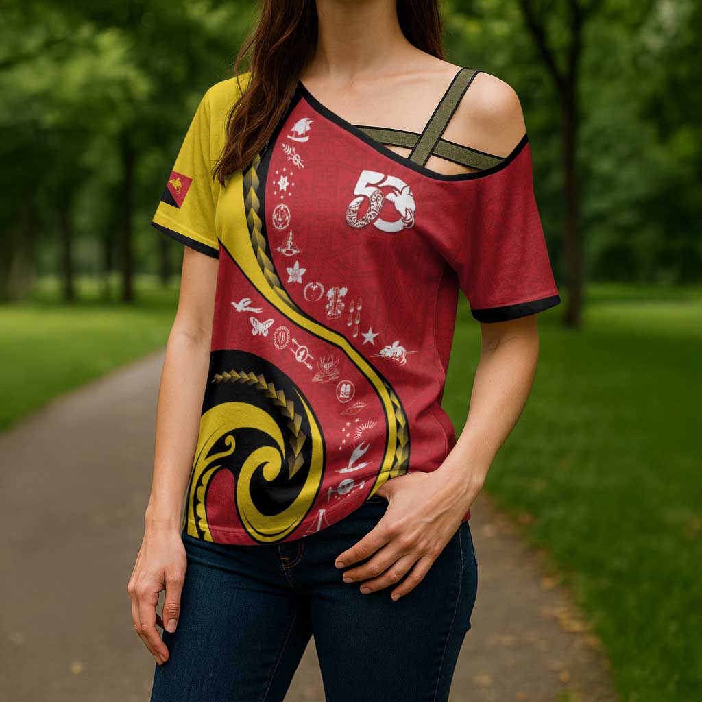 Papua New Guinea 50th Independence Anniversary Cross Shoulder Shirt Special Style Red Version - Polynesian Pride
