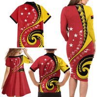 Papua New Guinea 50th Independence Anniversary Family Matching Long Sleeve Bodycon Dress and Hawaiian Shirt Special Style Red Version LT05 - Polynesian Pride