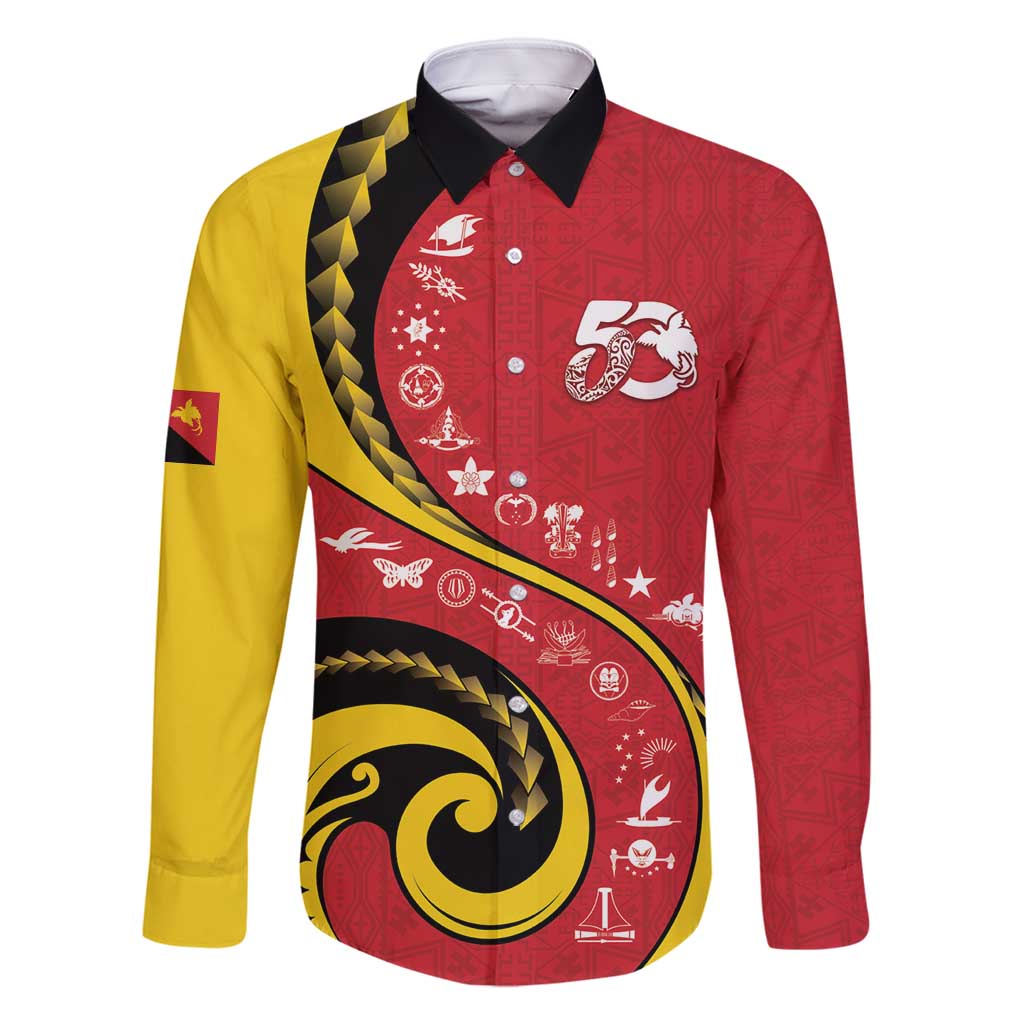 Papua New Guinea 50th Independence Anniversary Family Matching Mermaid Dress and Hawaiian Shirt Special Style Red Version LT05 Dad's Shirt - Long Sleeve Red - Polynesian Pride