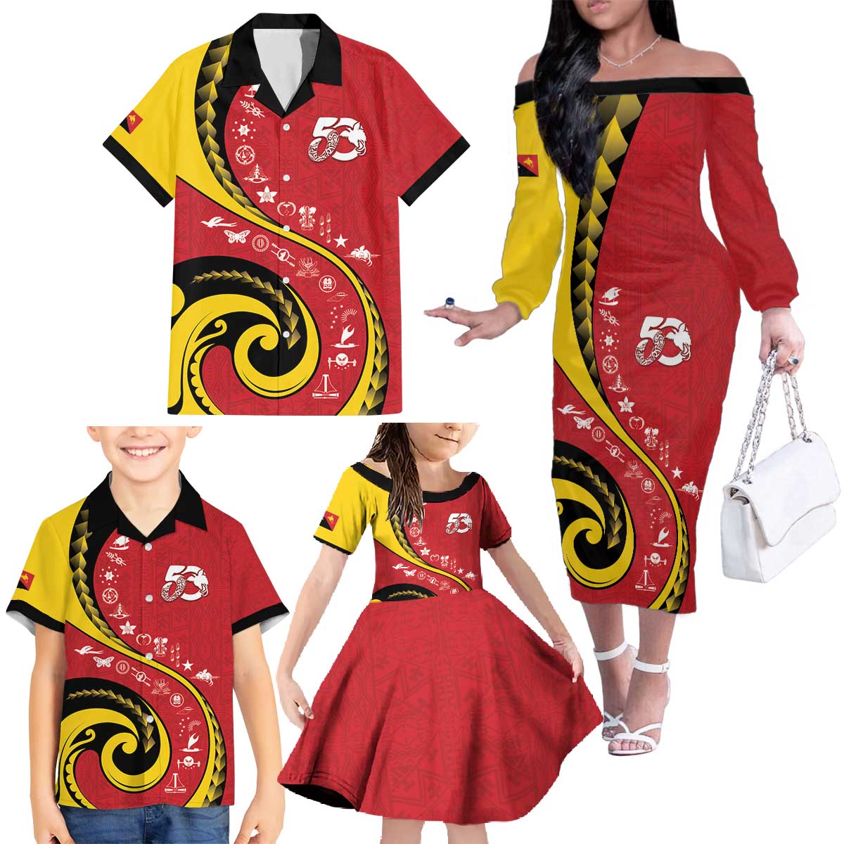 Papua New Guinea 50th Independence Anniversary Family Matching Off The Shoulder Long Sleeve Dress and Hawaiian Shirt Special Style Red Version - Polynesian Pride