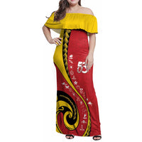 Papua New Guinea 50th Independence Anniversary Family Matching Off Shoulder Maxi Dress and Hawaiian Shirt Special Style Red Version - Polynesian Pride