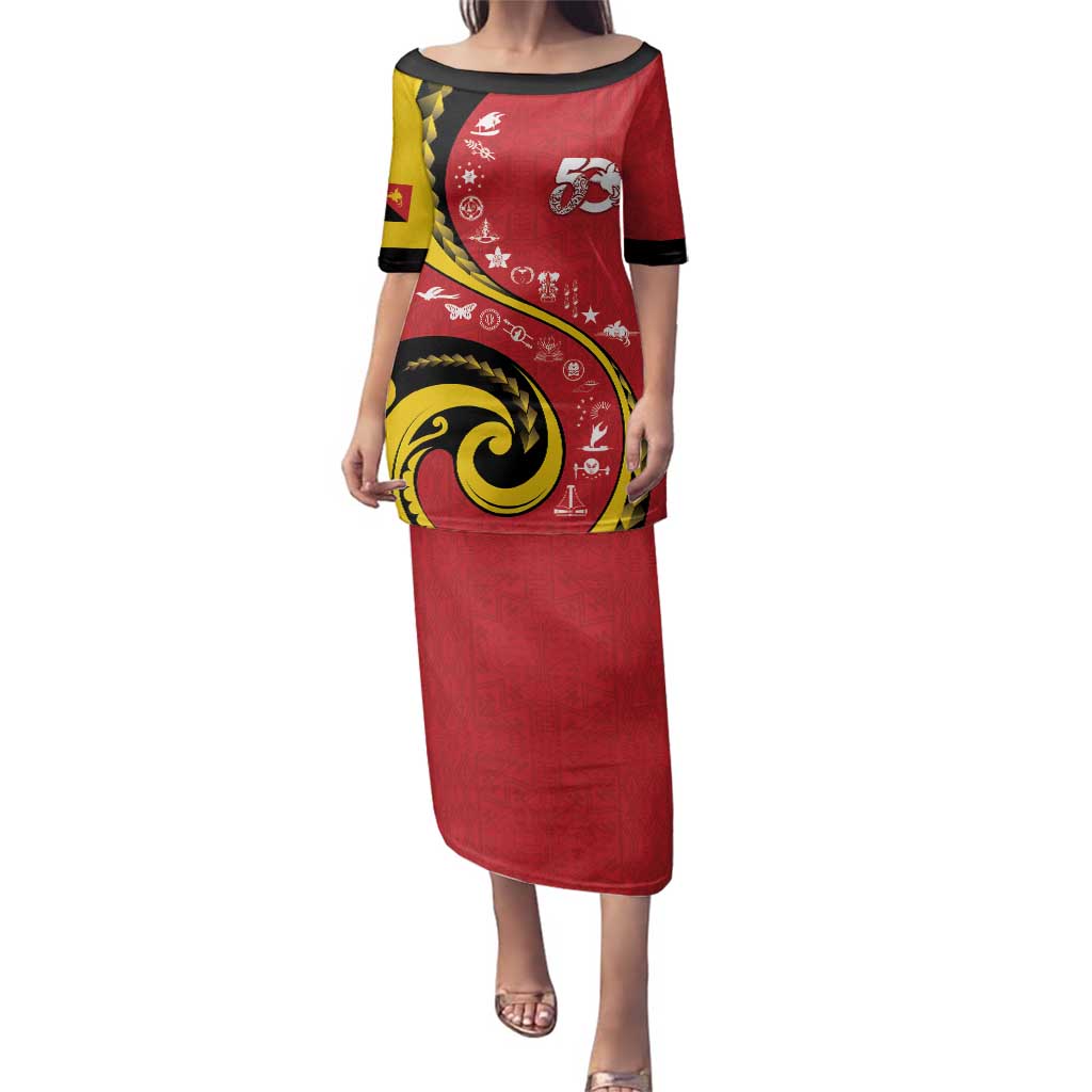 Papua New Guinea 50th Independence Anniversary Family Matching Puletasi and Hawaiian Shirt Special Style Red Version LT05 Mom's Dress Red - Polynesian Pride