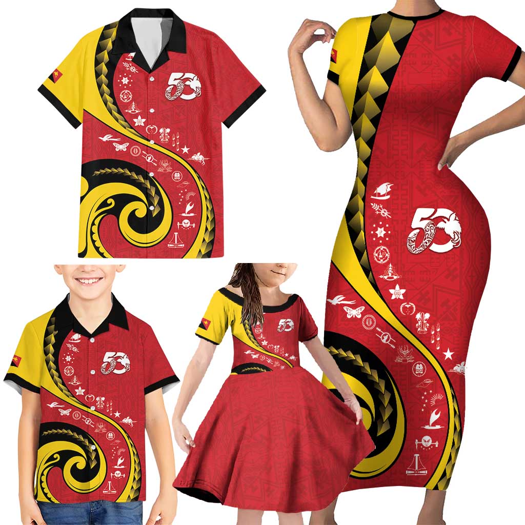 Papua New Guinea 50th Independence Anniversary Family Matching Short Sleeve Bodycon Dress and Hawaiian Shirt Special Style Red Version LT05 - Polynesian Pride