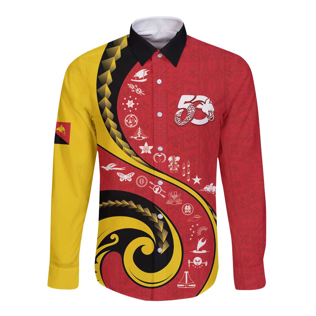 Papua New Guinea 50th Independence Anniversary Long Sleeve Button Shirt Special Style Red Version - Polynesian Pride