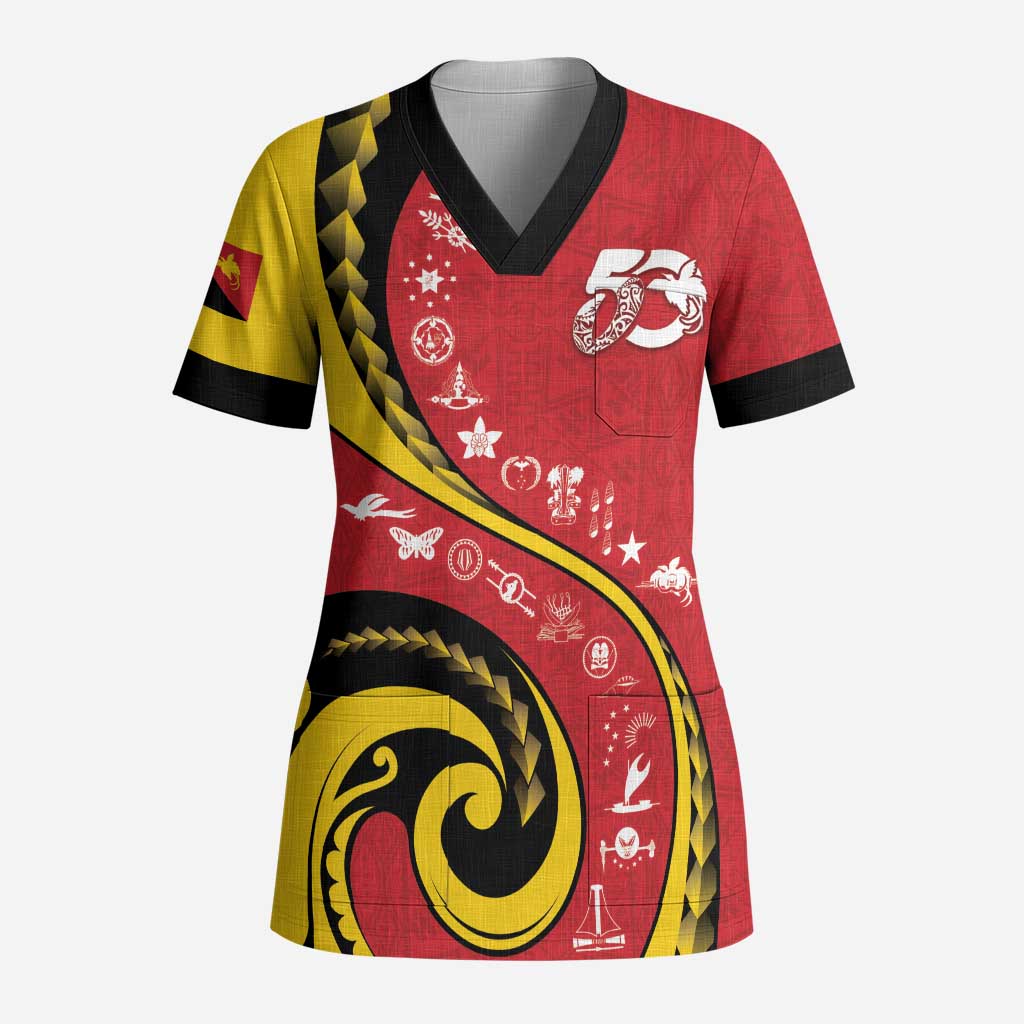 Papua New Guinea 50th Independence Anniversary Scrub Top Special Style Red Version - Polynesian Pride