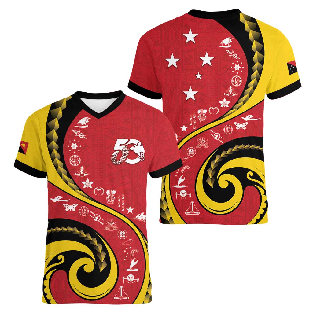 Papua New Guinea 50th Independence Anniversary Women V-Neck T-Shirt Special Style Red Version - Polynesian Pride