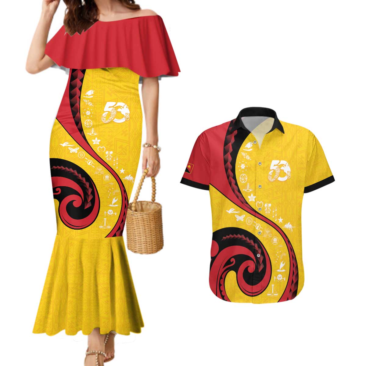 Papua New Guinea 50th Independence Anniversary Couples Matching Mermaid Dress and Hawaiian Shirt Special Style Yellow Version - Polynesian Pride