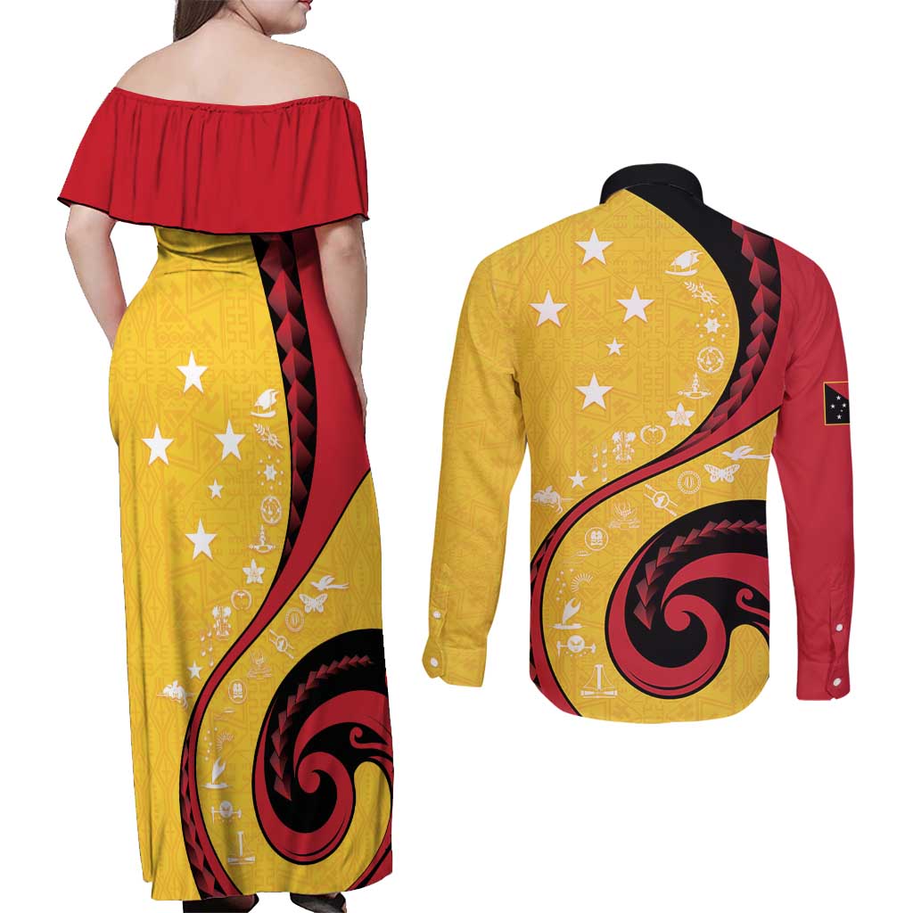 Papua New Guinea 50th Independence Anniversary Couples Matching Off Shoulder Maxi Dress and Long Sleeve Button Shirt Special Style Yellow Version LT05 - Polynesian Pride