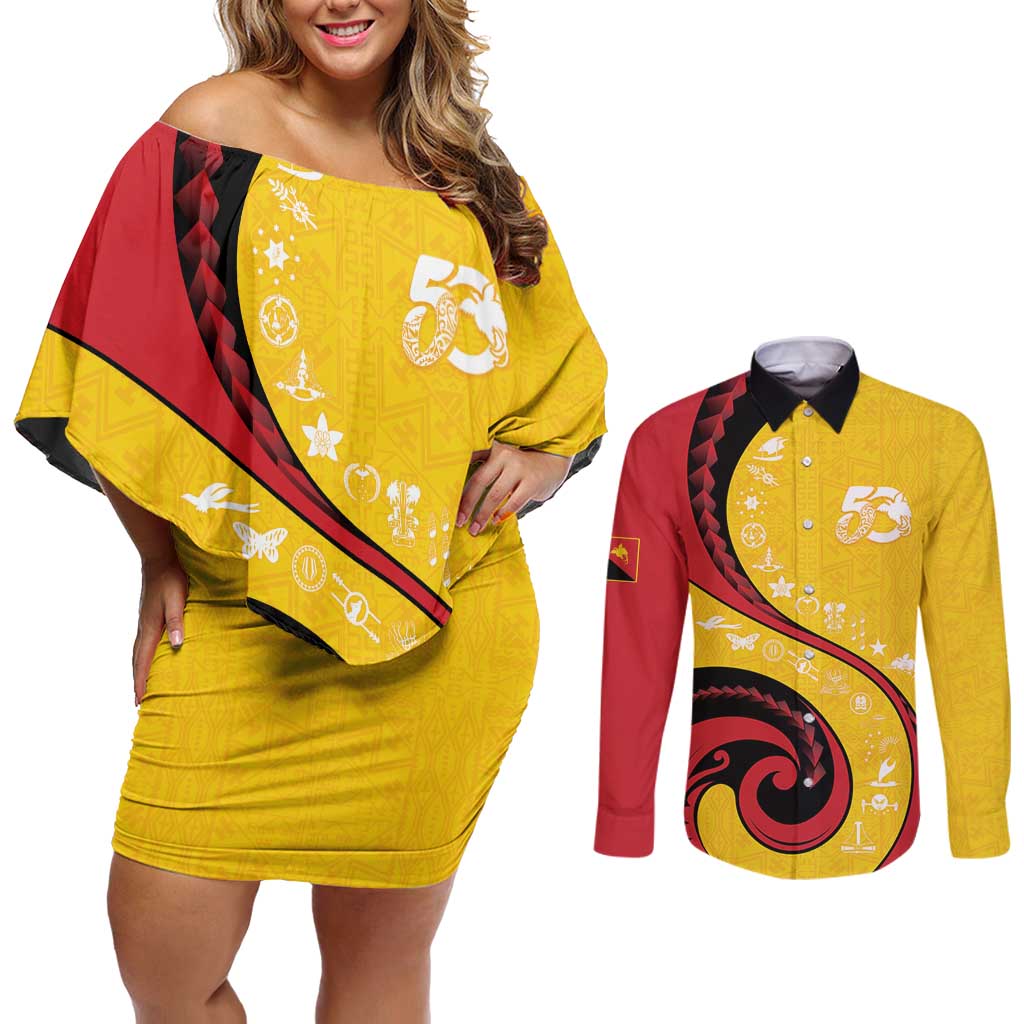 Papua New Guinea 50th Independence Anniversary Couples Matching Off Shoulder Short Dress and Long Sleeve Button Shirt Special Style Yellow Version LT05 Yellow - Polynesian Pride