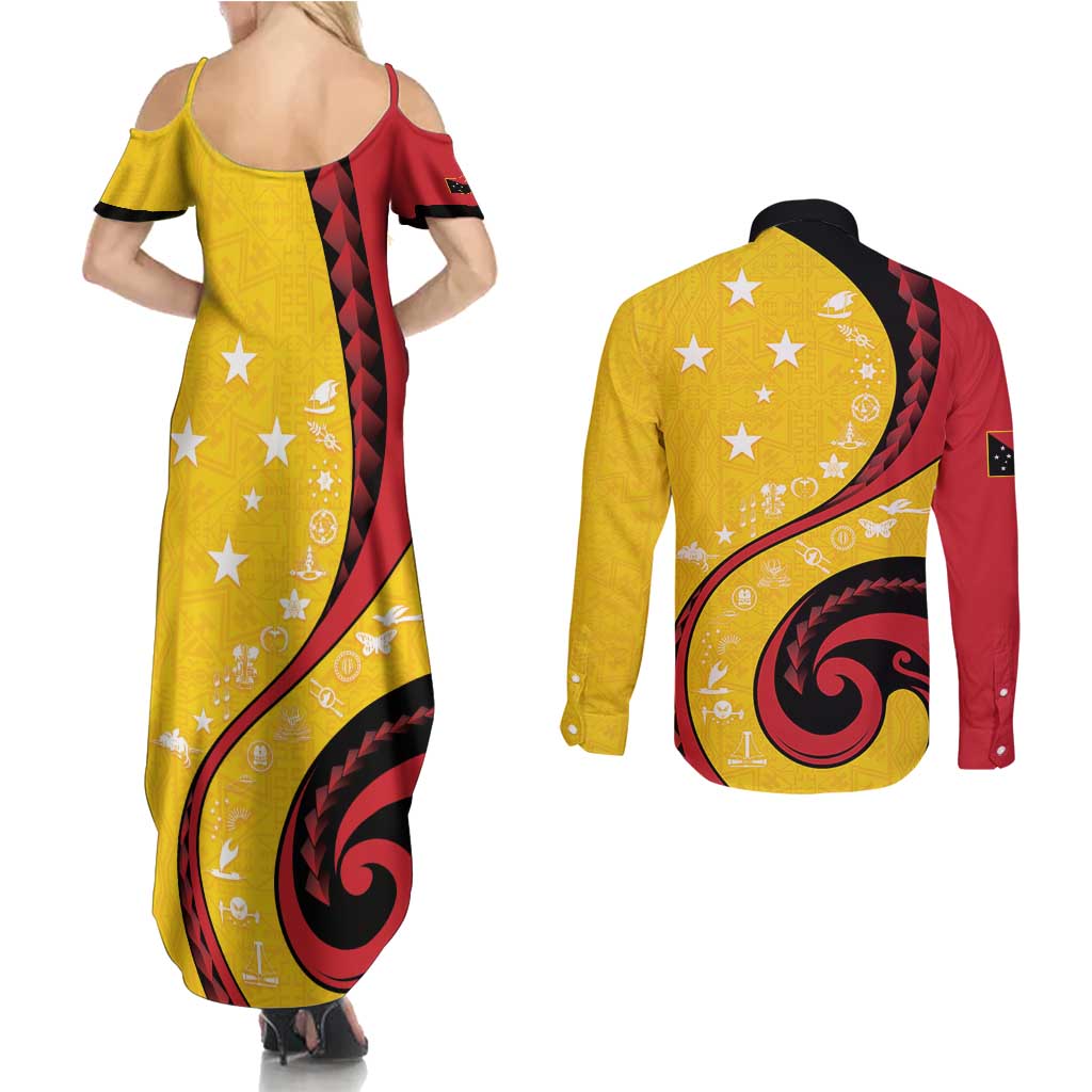 Papua New Guinea 50th Independence Anniversary Couples Matching Summer Maxi Dress and Long Sleeve Button Shirt Special Style Yellow Version LT05 - Polynesian Pride