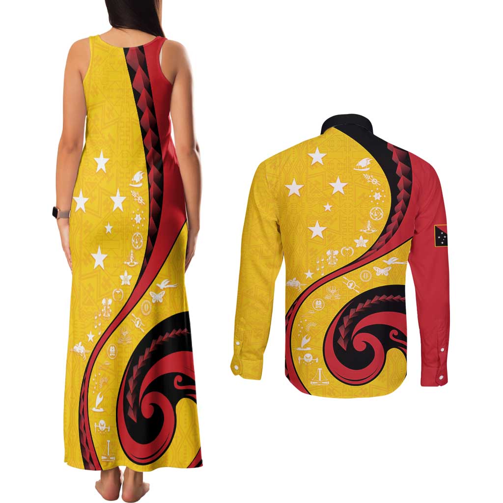 Papua New Guinea 50th Independence Anniversary Couples Matching Tank Maxi Dress and Long Sleeve Button Shirt Special Style Yellow Version LT05 - Polynesian Pride