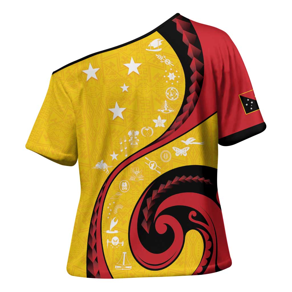 Papua New Guinea 50th Independence Anniversary Cross Shoulder Shirt Special Style Yellow Version - Polynesian Pride