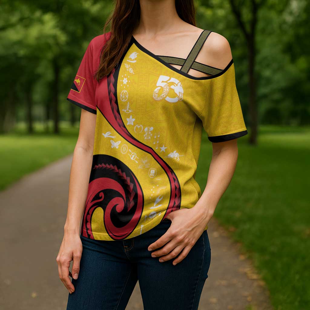 Papua New Guinea 50th Independence Anniversary Cross Shoulder Shirt Special Style Yellow Version - Polynesian Pride