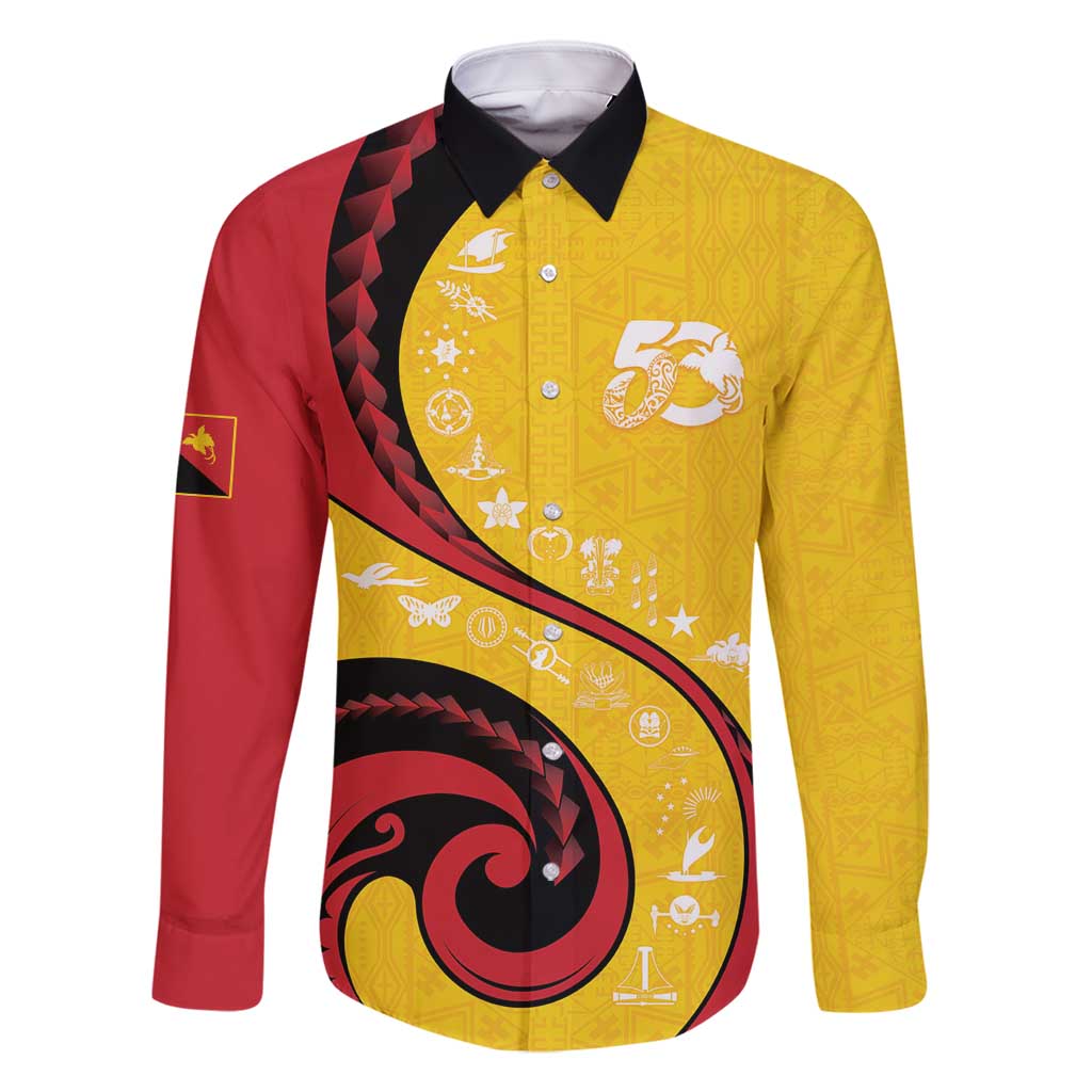 Papua New Guinea 50th Independence Anniversary Family Matching Mermaid Dress and Hawaiian Shirt Special Style Yellow Version LT05 Dad's Shirt - Long Sleeve Yellow - Polynesian Pride