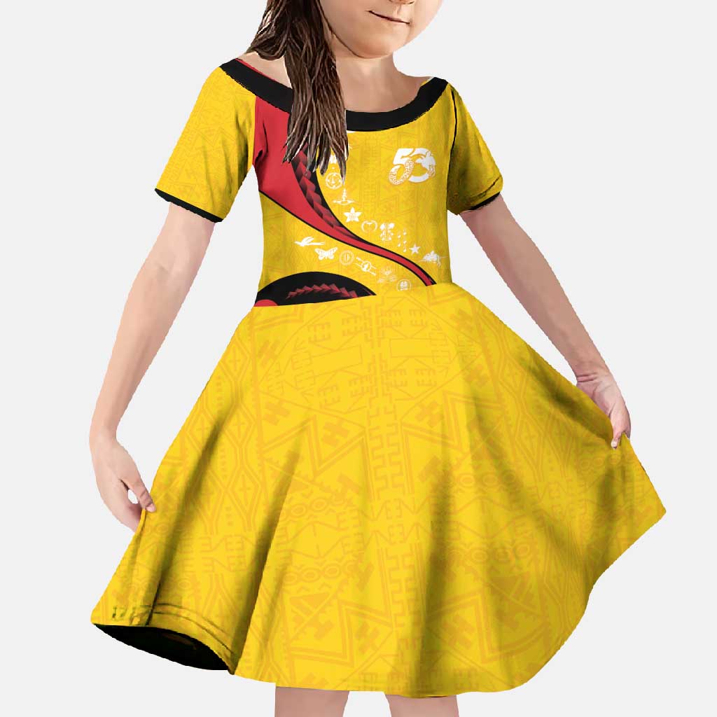 Papua New Guinea 50th Independence Anniversary Family Matching Off Shoulder Maxi Dress and Hawaiian Shirt Special Style Yellow Version - Polynesian Pride