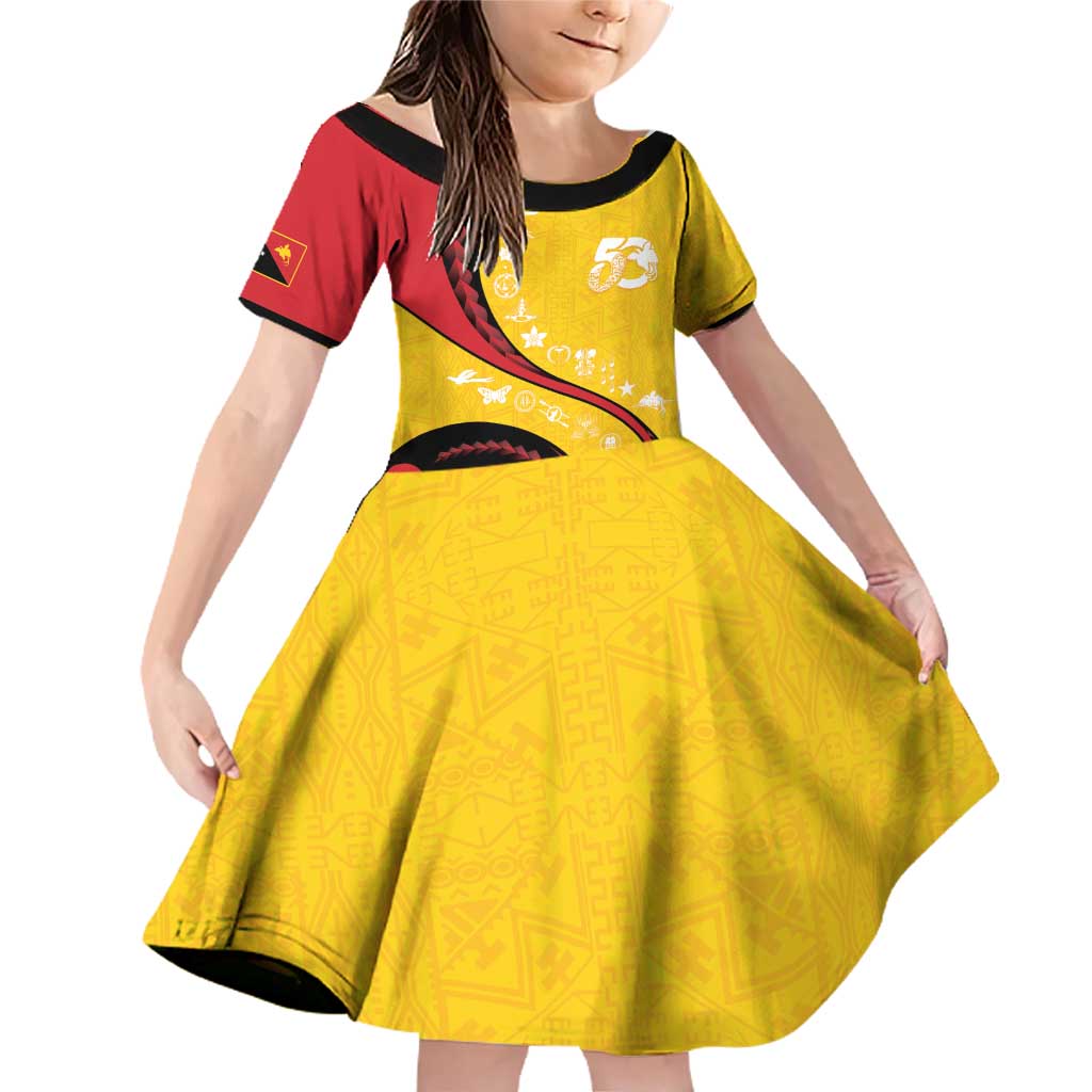 Papua New Guinea 50th Independence Anniversary Family Matching Off Shoulder Short Dress and Hawaiian Shirt Special Style Yellow Version - Polynesian Pride