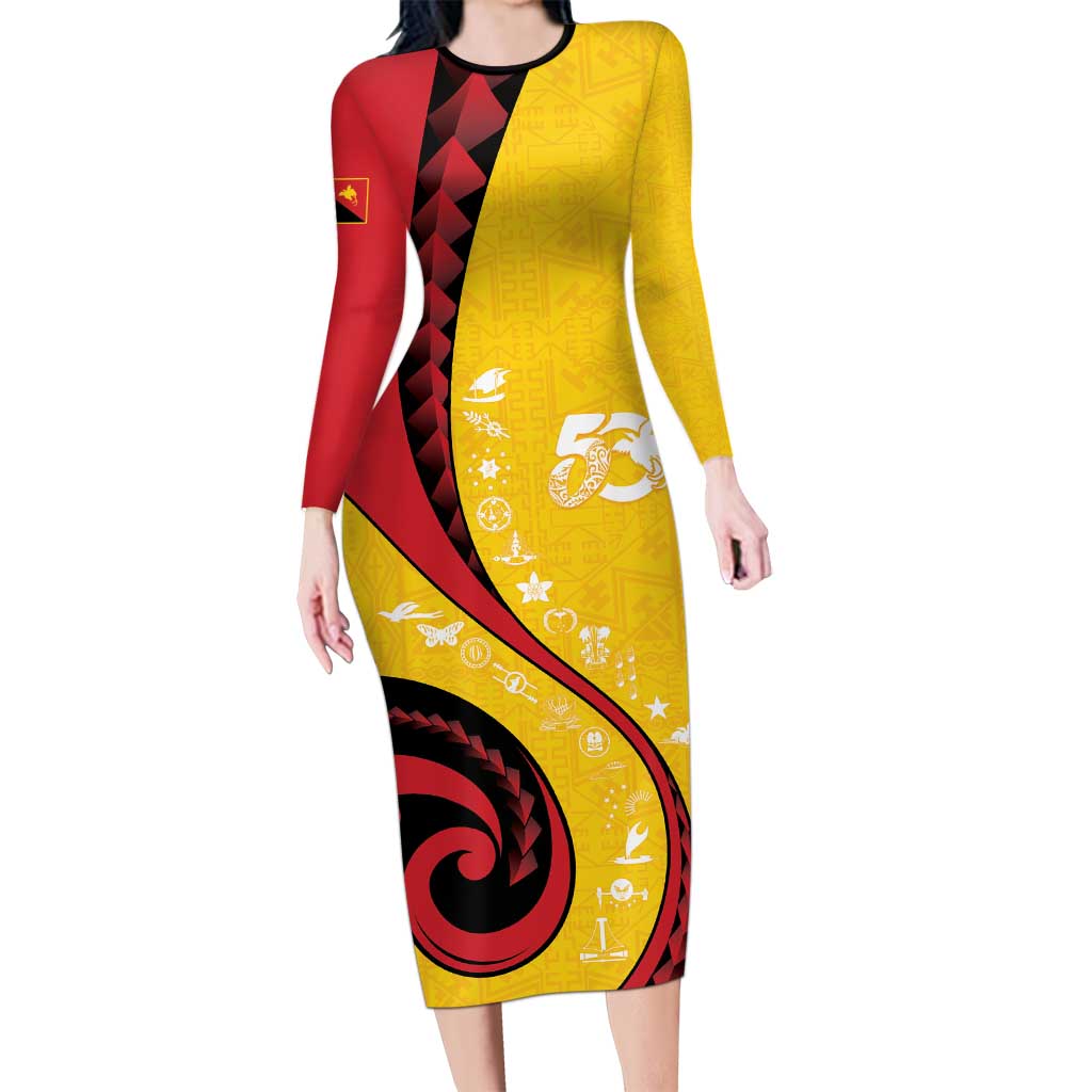 Papua New Guinea 50th Independence Anniversary Long Sleeve Bodycon Dress Special Style Yellow Version - Polynesian Pride