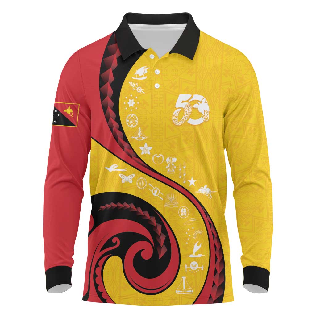 Papua New Guinea 50th Independence Anniversary Long Sleeve Polo Shirt Special Style Yellow Version - Polynesian Pride