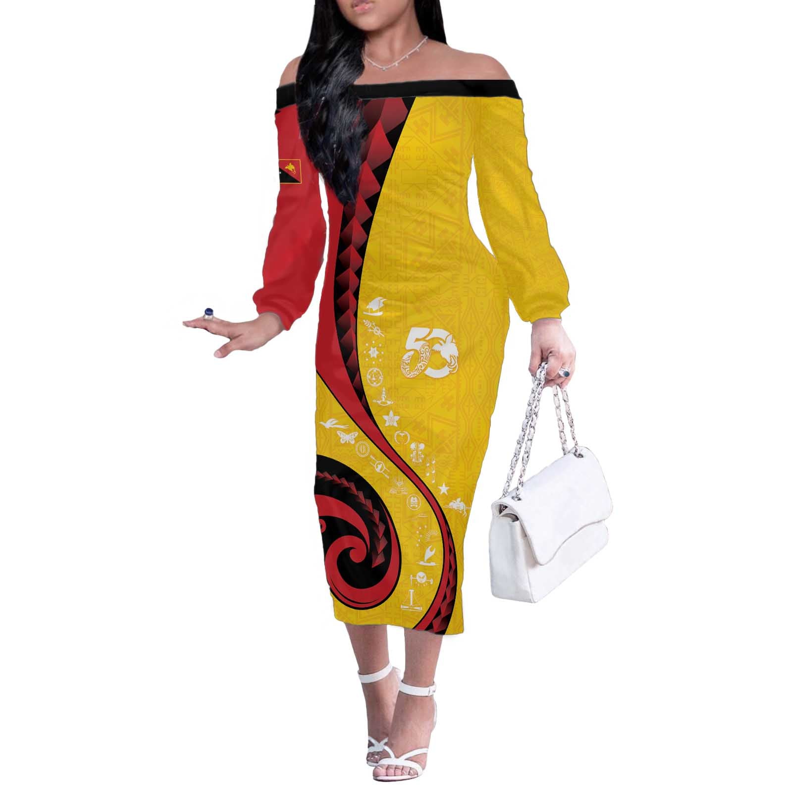 Papua New Guinea 50th Independence Anniversary Off The Shoulder Long Sleeve Dress Special Style Yellow Version - Polynesian Pride