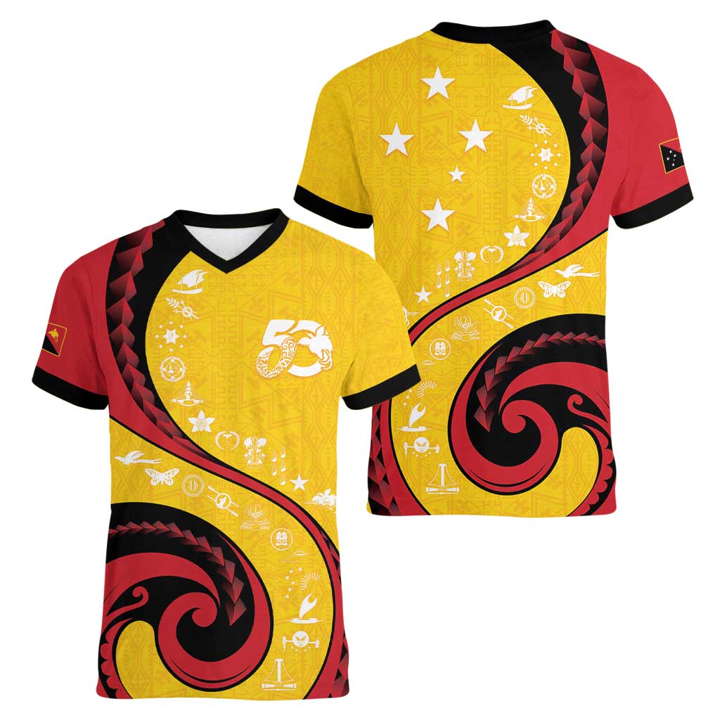 Papua New Guinea 50th Independence Anniversary Women V-Neck T-Shirt Special Style Yellow Version LT05 - Polynesian Pride