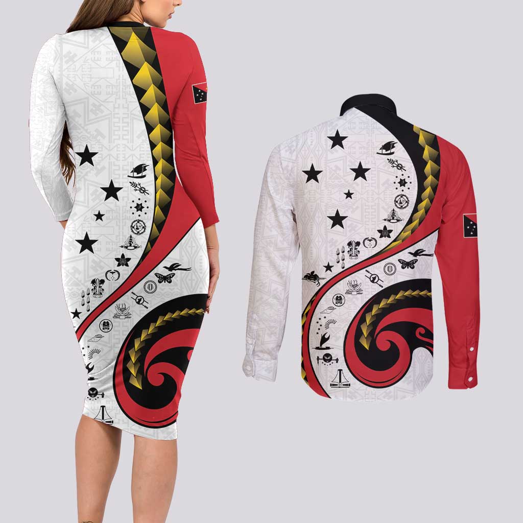Papua New Guinea 50th Independence Anniversary Couples Matching Long Sleeve Bodycon Dress and Long Sleeve Button Shirt Special Style White Version LT05 - Polynesian Pride