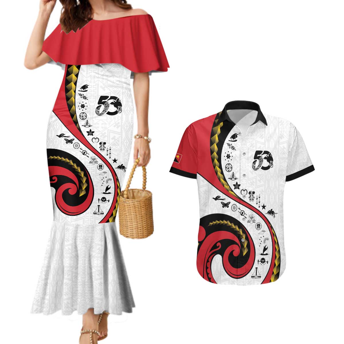 Papua New Guinea 50th Independence Anniversary Couples Matching Mermaid Dress and Hawaiian Shirt Special Style White Version - Polynesian Pride