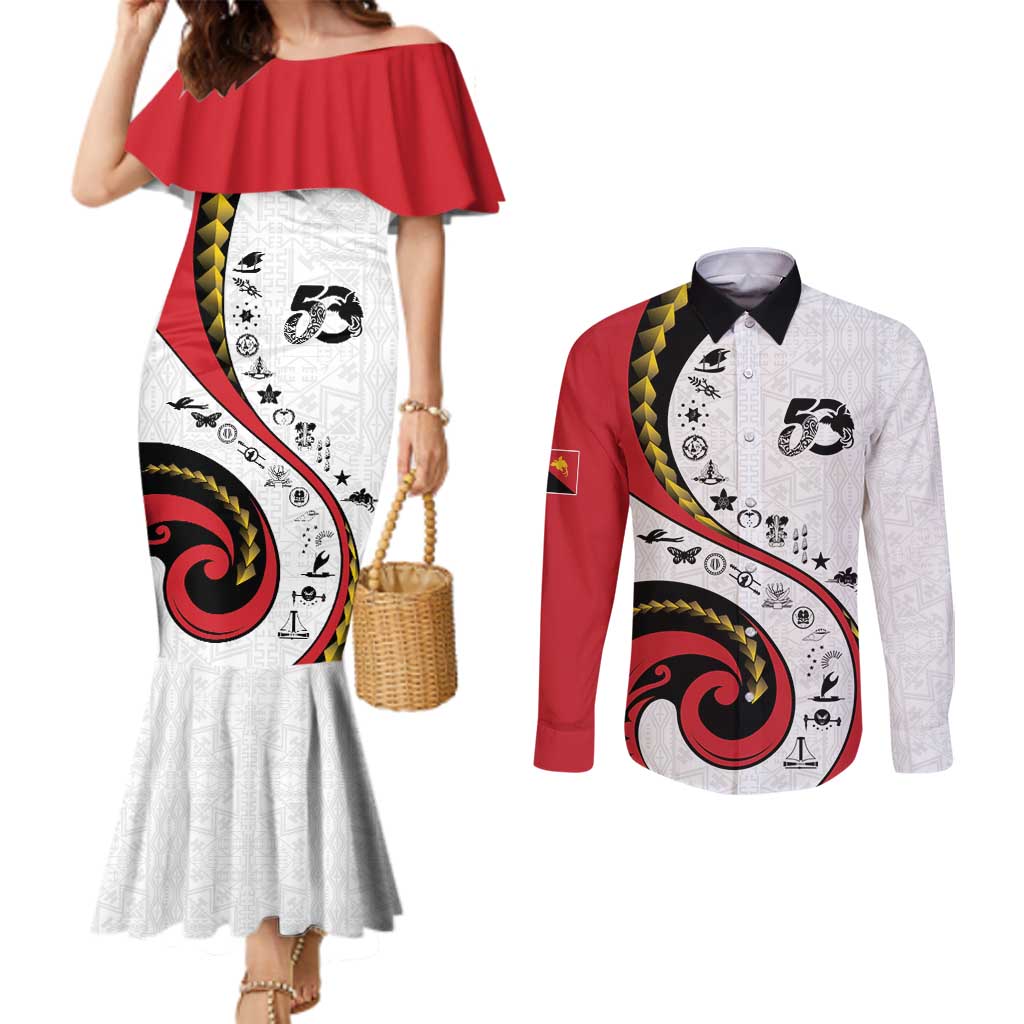 Papua New Guinea 50th Independence Anniversary Couples Matching Mermaid Dress and Long Sleeve Button Shirt Special Style White Version LT05 White - Polynesian Pride