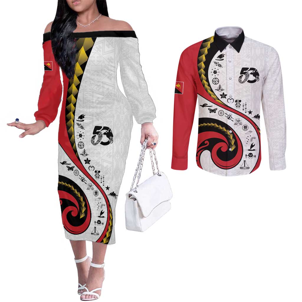 Papua New Guinea 50th Independence Anniversary Couples Matching Off The Shoulder Long Sleeve Dress and Long Sleeve Button Shirt Special Style White Version LT05 White - Polynesian Pride